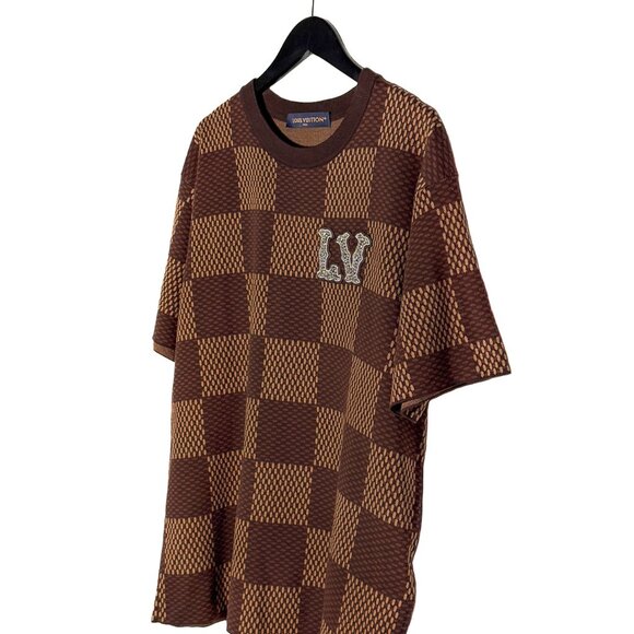 Louis Vuitton SS24 Brown Damier Crystal LV Patch Cotton Knitted T-shirt - Picture 2 of 9